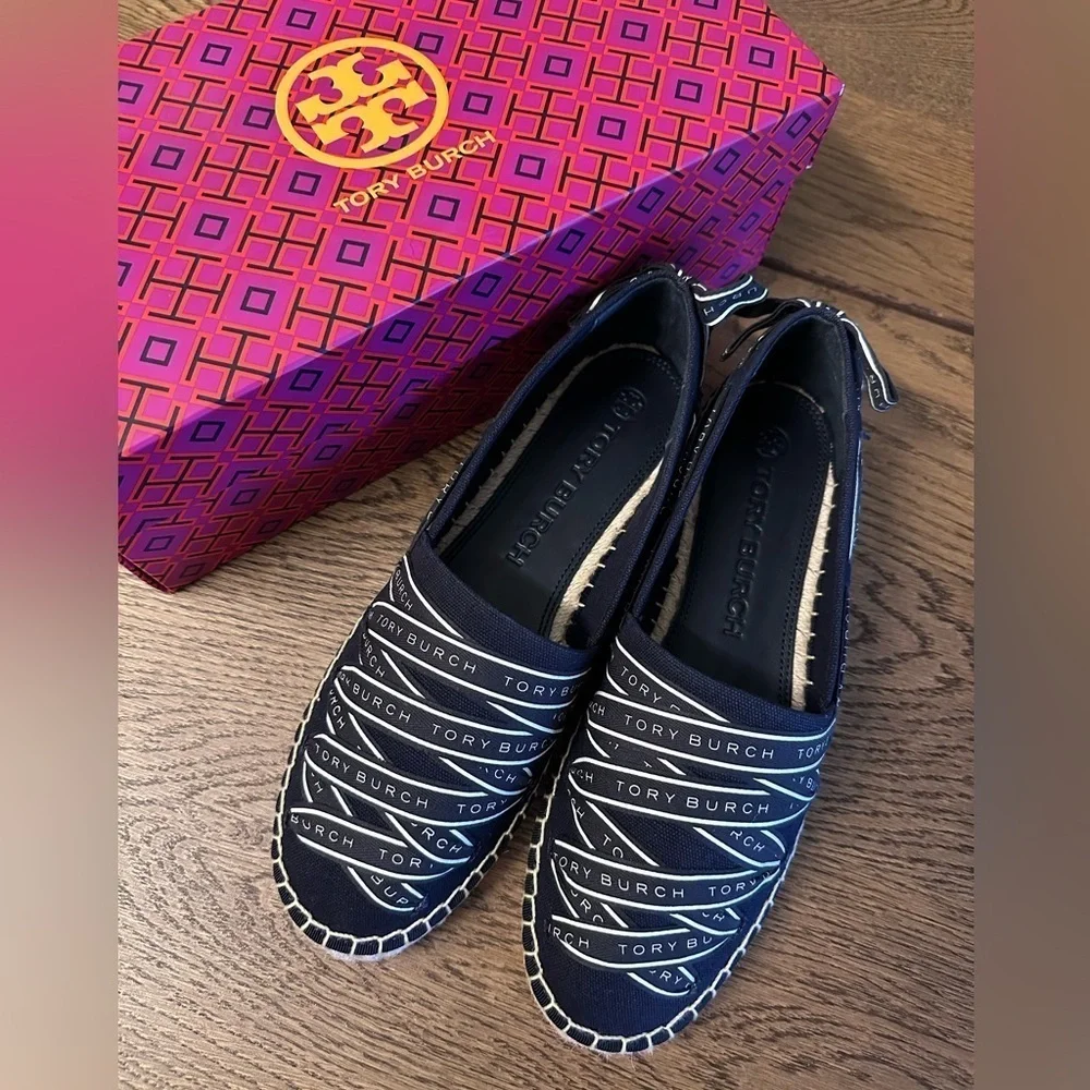 NWT! NEW! Tory Burch Ribbon Canvas Espadrilles -Perfect Navy limited size